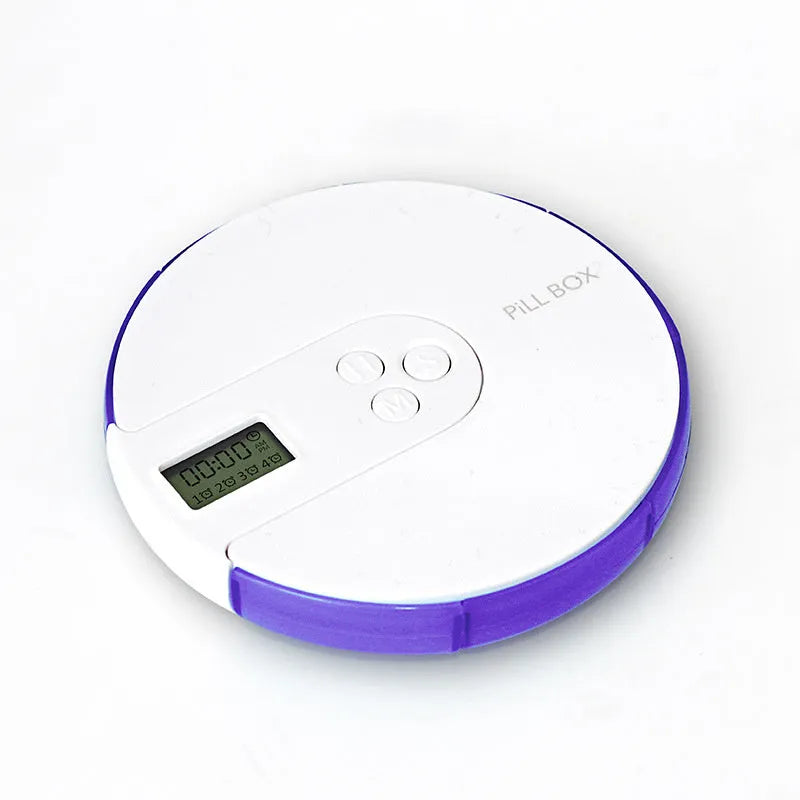 Compact blue 7-compartment alarm clock pill dispenser with digital timer display.
