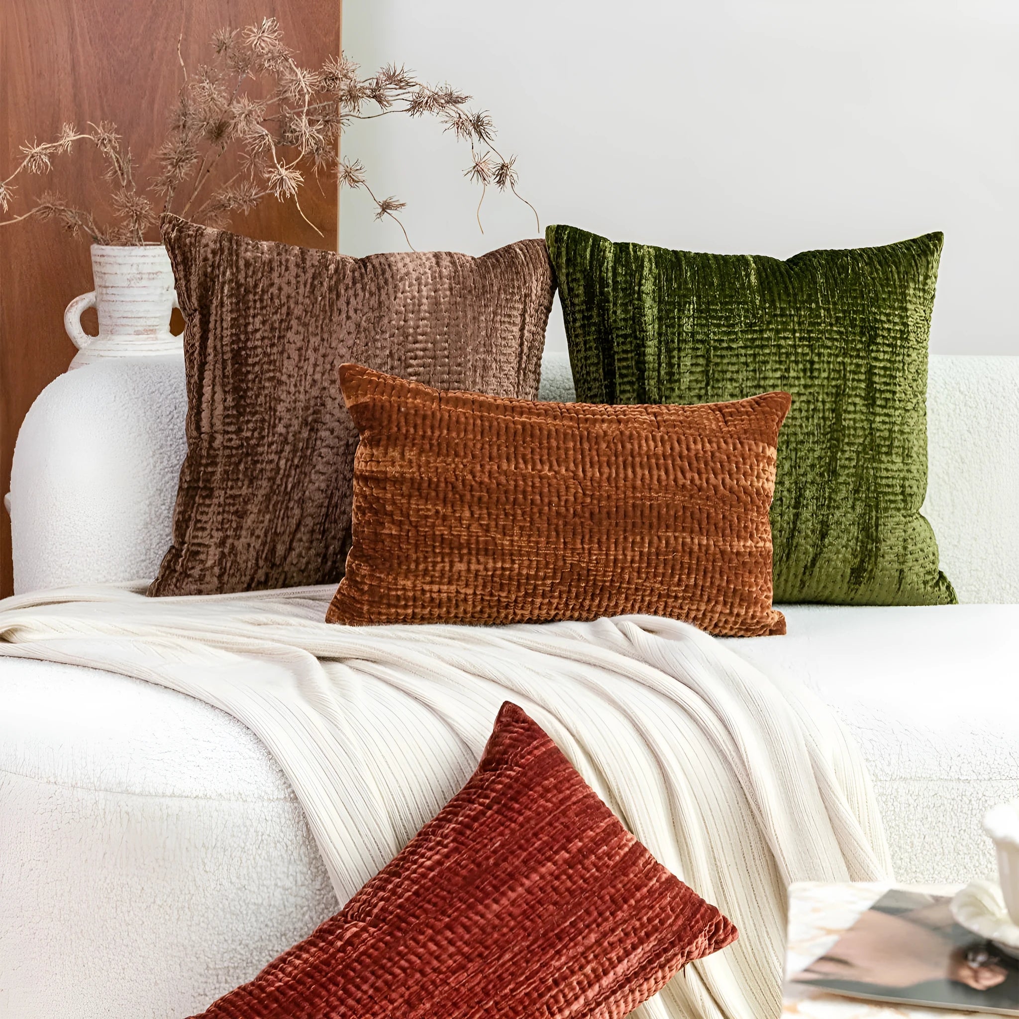 Antique style quilted cushion pillow with mercerised velvet embossing in green, red, mocha, and orange colour options