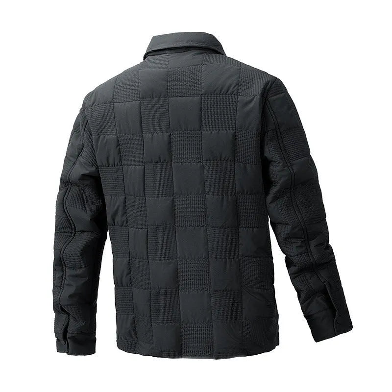 Quilted men's cotton jacket with polo collar and wool lining shown in dark blue.