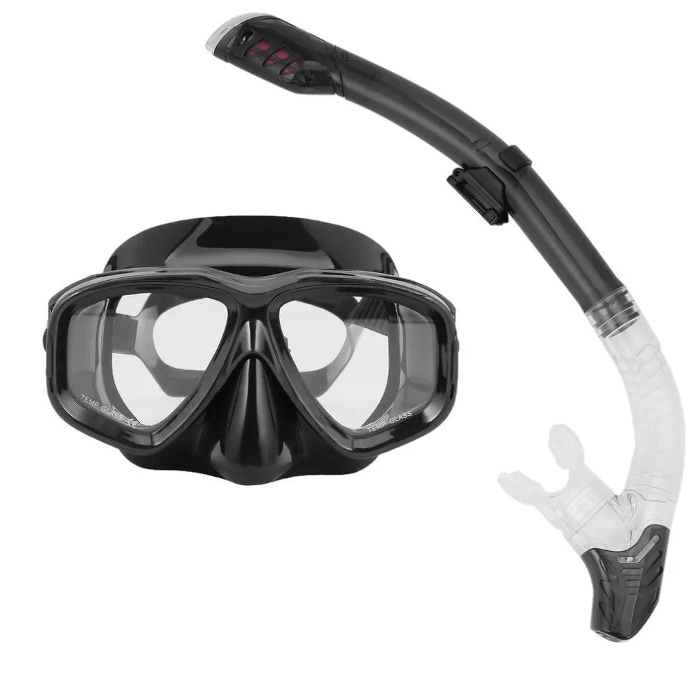 Set of diving goggles with anti-fog lens, PC frame, adjustable silicone strap, and a test tube.