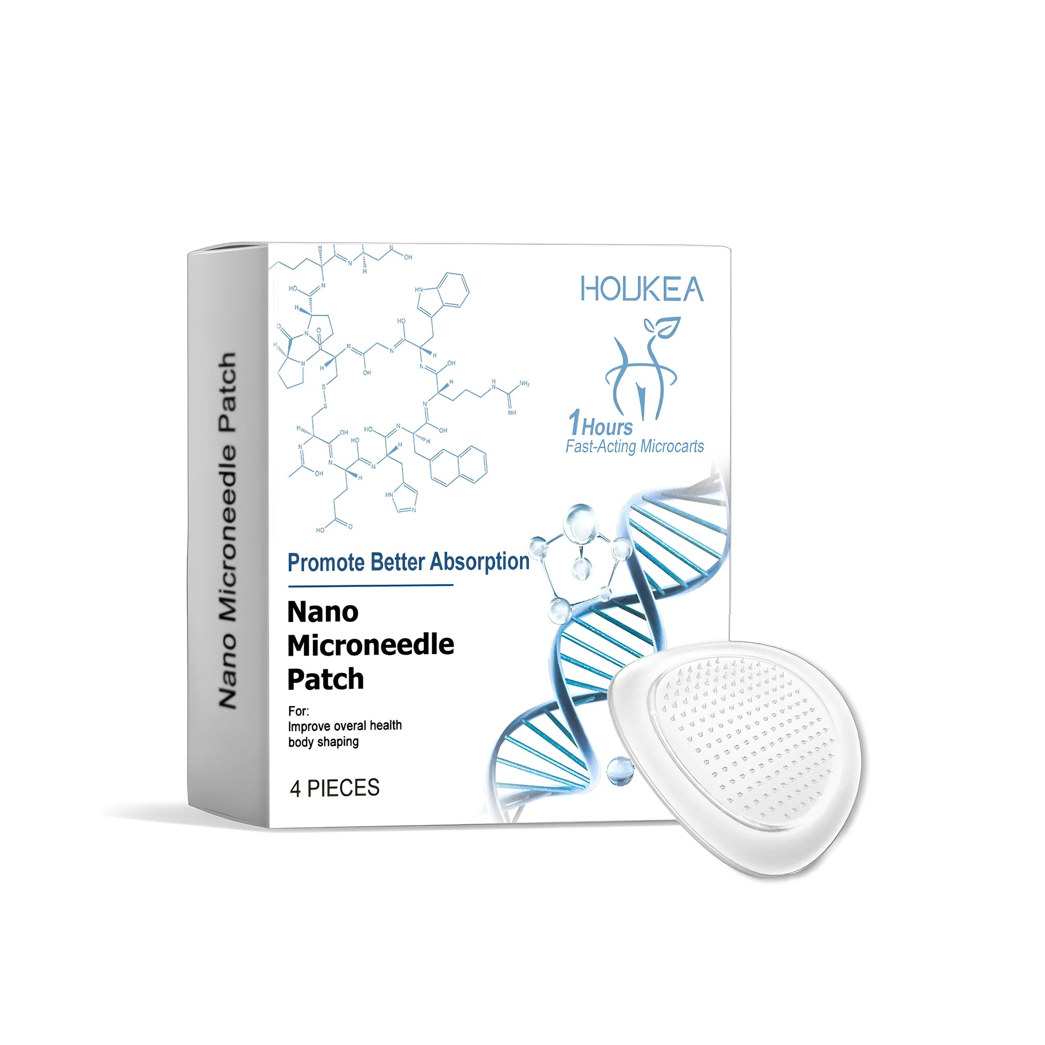 Four nano microneedle skin treatment patches in a pack with herbal ingredients.