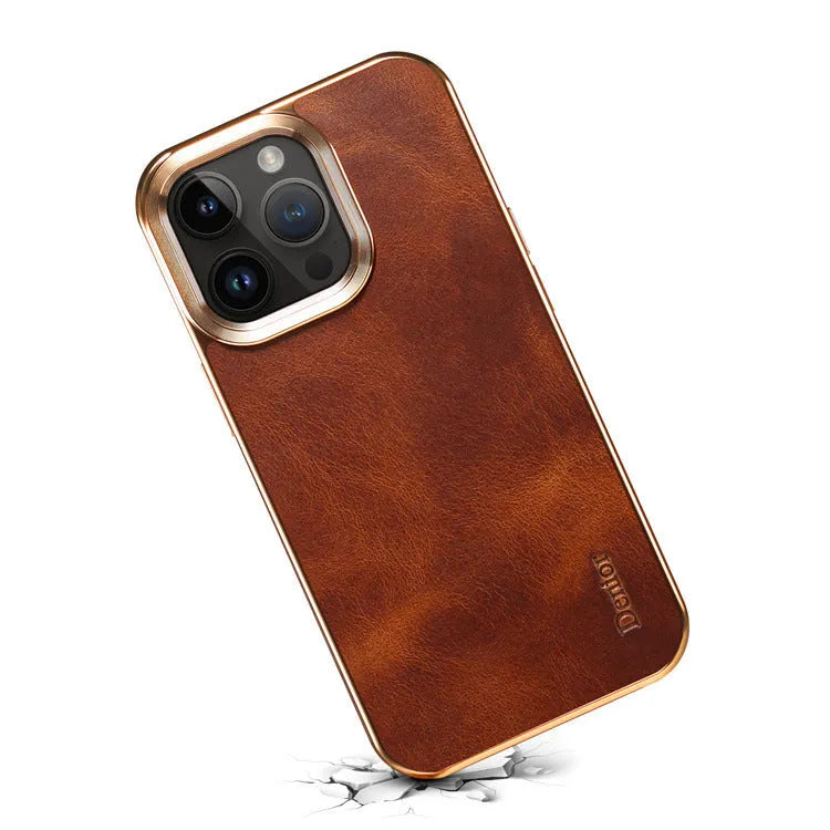 Slim handmade leather protective case for Apple iPhone on a table