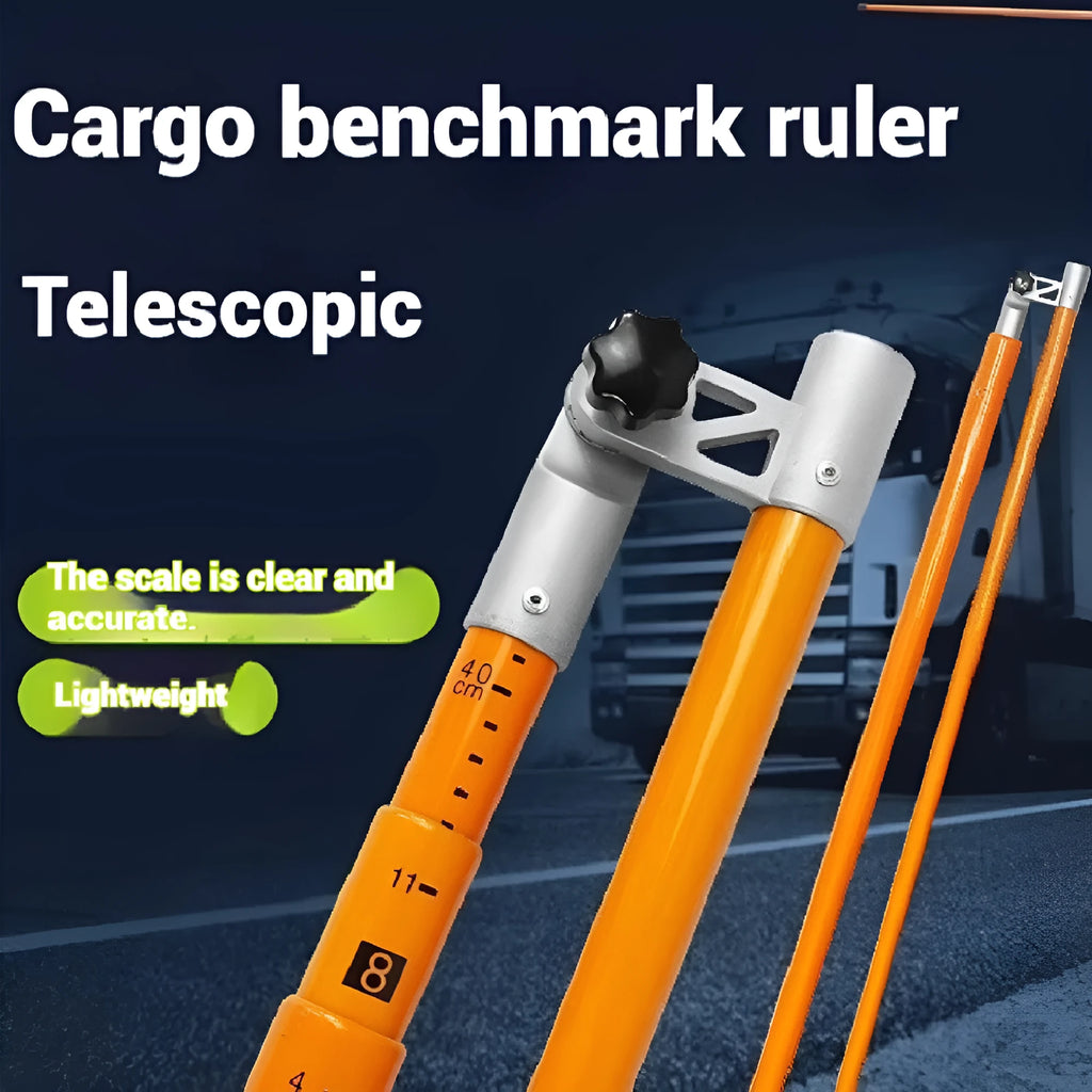 Telescopic fibreglass height measuring rod extended vertically, showing clear measurement scale against a truck for size comparison.