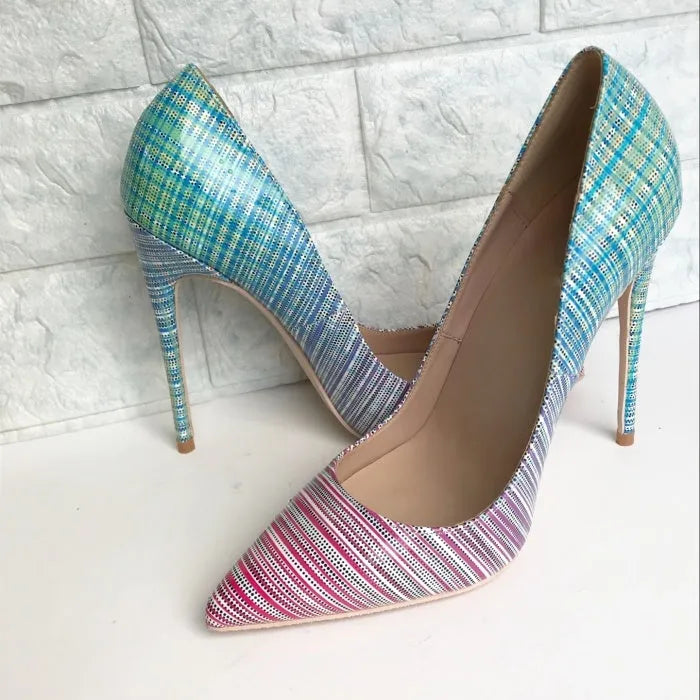 Women's pink and blue gradient patent leather stiletto heels with a pointed toe on a rubber sole.