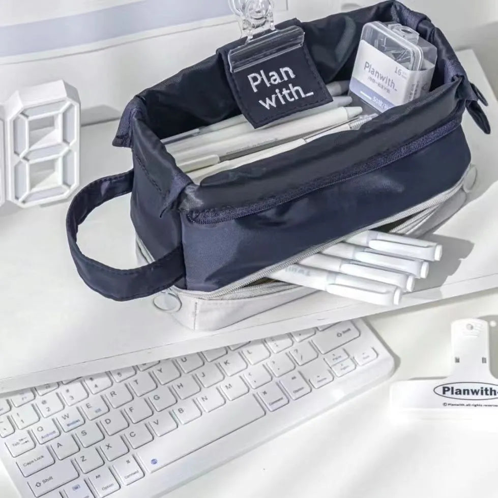 Polyester folding double layer student pencil case in blue colour with organised compartments
