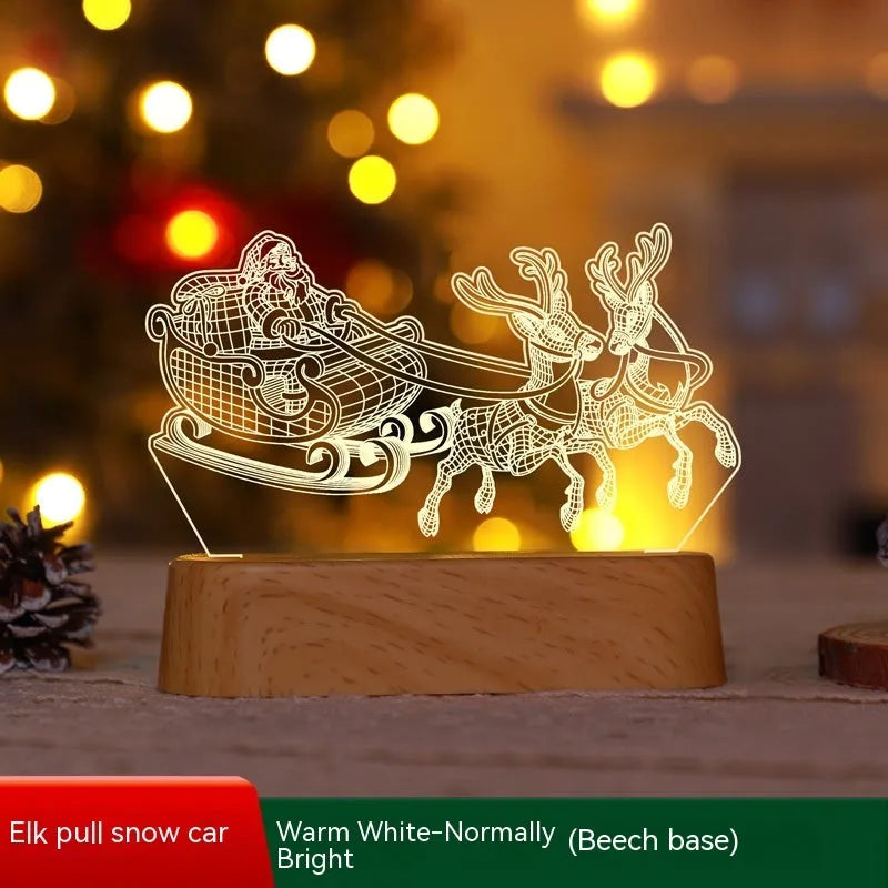3D acrylic Christmas LED decorative night light showing a choice of festive designs like trees and reindeer.