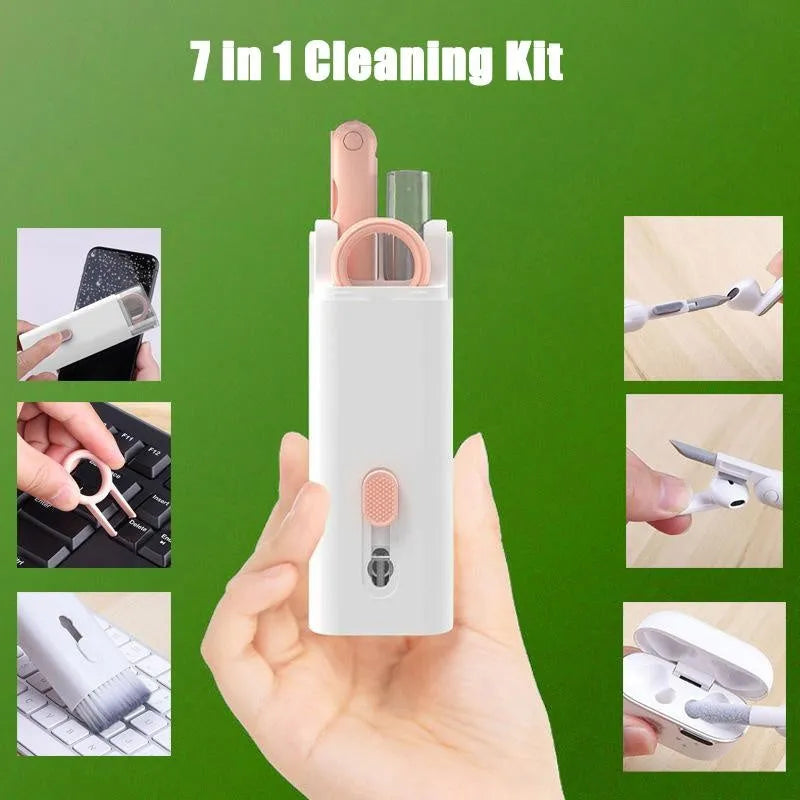 Multifunctional cleaning kit with a double-headed pen, retractable brush, and spray bottle on a white background