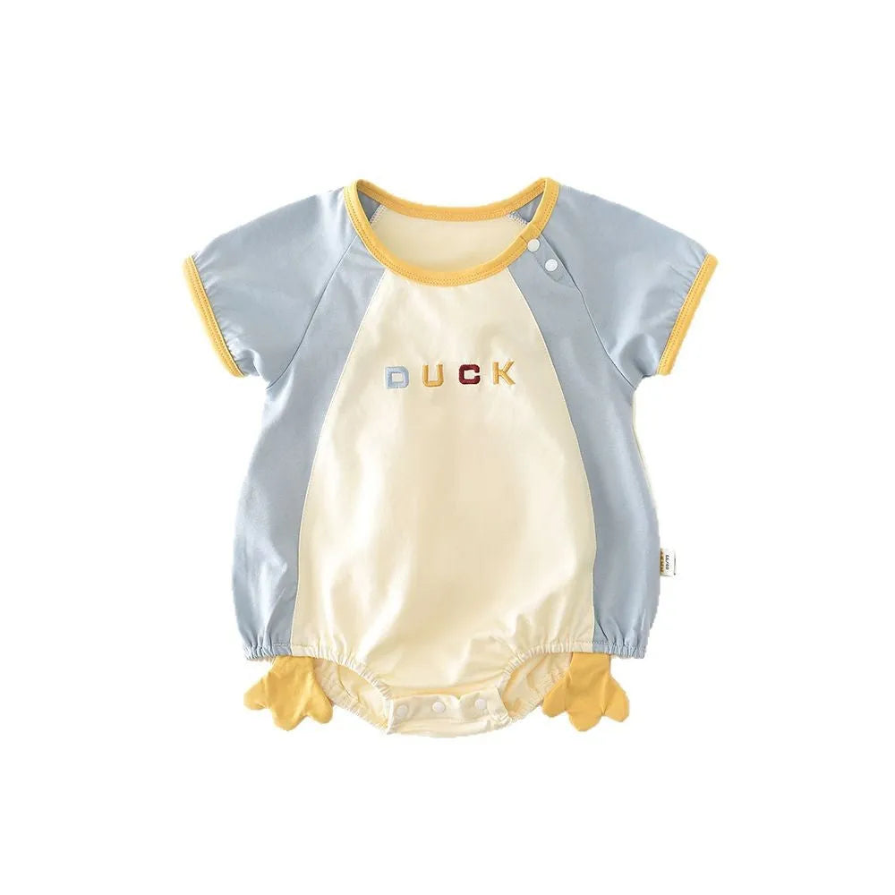 Newborn contrast colour short-sleeved romper 52857 in beige and blue duck cotton blend fabric