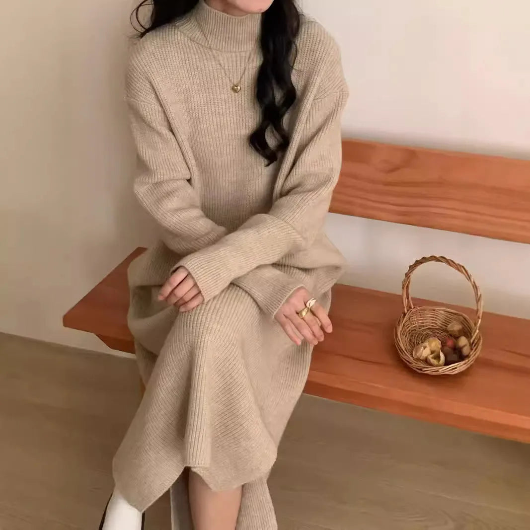 Acrylic half turtleneck knit dress in knee-length high-waist silhouette for work