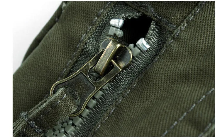 Khaki cotton loose fit multi-pocket trousers overalls with straight leg and zipper placket