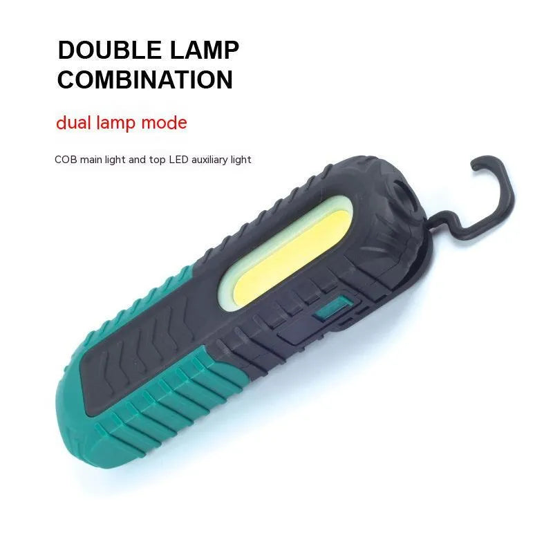 Black and green USB-rechargeable auto repair work light with compact ABS plastic body