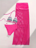 Women's brown European style three-piece swimsuit set with fishnet long skirt and bikini