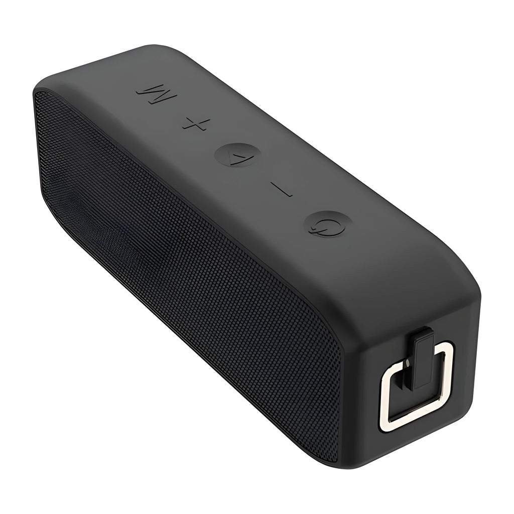 Black waterproof Bluetooth speaker with control buttons and USB interface