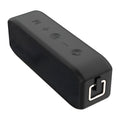 Black waterproof Bluetooth speaker with control buttons and USB interface