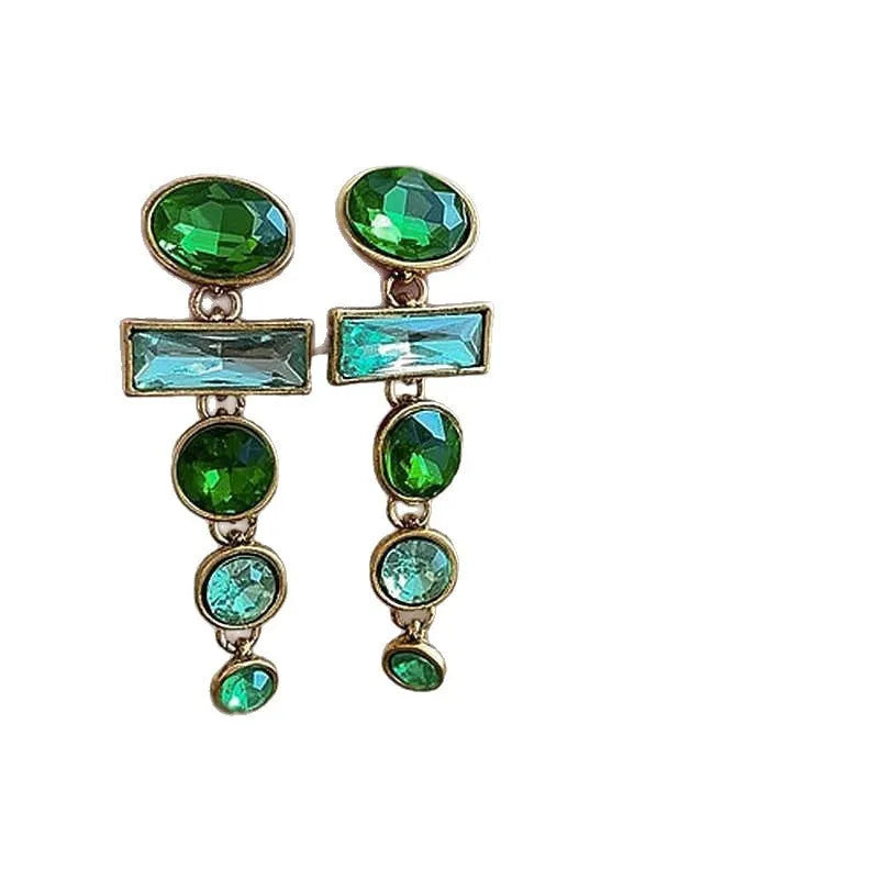 Green gradient geometric Chinese style alloy earrings with zircon studs and tassel pendant
