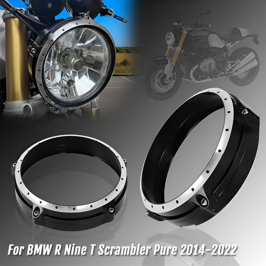 Black CNC aluminium headlight protective frame for BMW R Nine T Scrambler motorcycle.