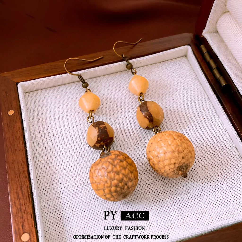 Resin fruit core tassel earrings in brown geometric round shape ethnic style for women