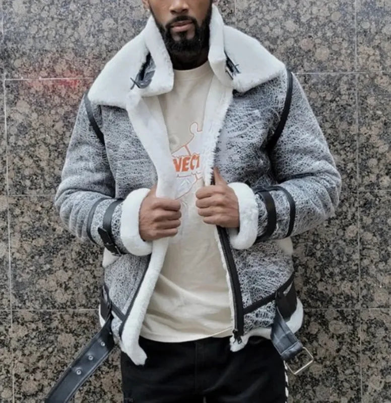 Men's grey padded jacket with large faux fur collar, zip front, and loose fit, sizes S to 5XL