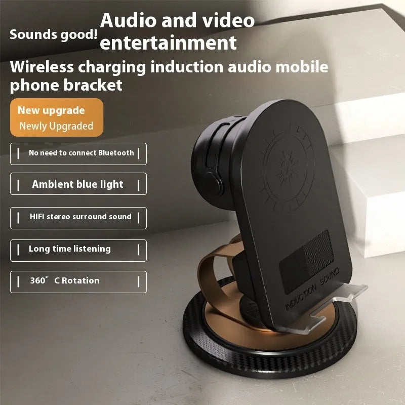 Black Gold folding Bluetooth mobile phone stand with wireless charger pad on a desk