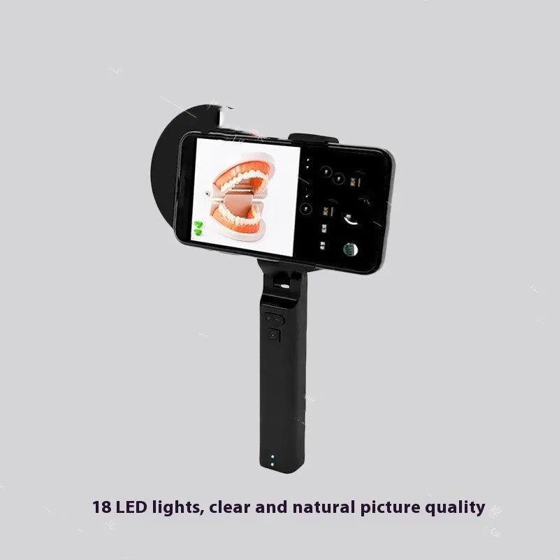 Black handheld LED fill light for mobile phone photography showing portable design