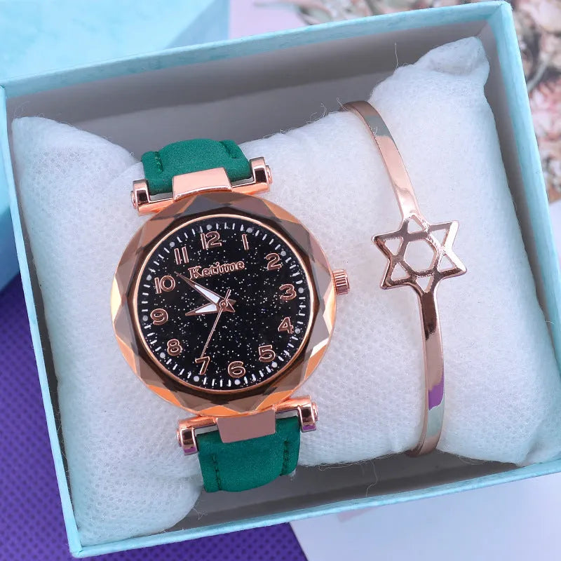 Ladies quartz watch with round plastic case, leather strap, 35mm dial, and pin buckle closure