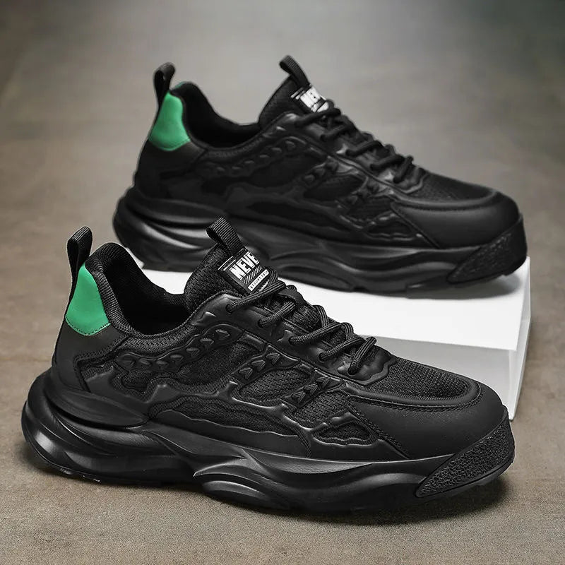 Men's breathable mesh trainers in solid white or black with round toe and PU upper for casual leisure wear