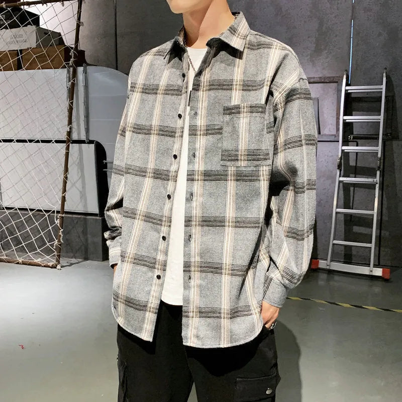 Men's long sleeve plaid shirt in loose fit, polyester blend, shown in black, grey, and navy blue
