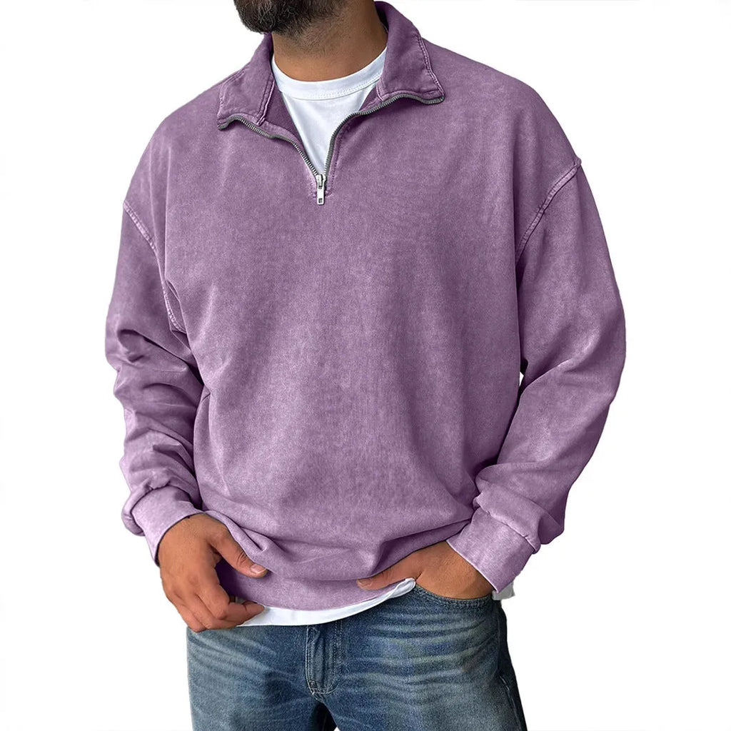 Men's loose drop shoulder stand collar cotton sweatshirt in solid colour, long sleeves, pullover style, stone-washed finish