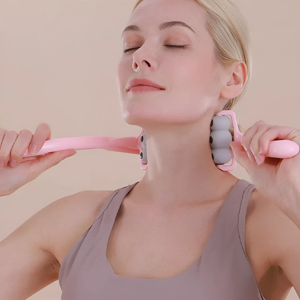 Magnetic therapy neck massager in plastic with twelve magnets, manual clip, blue colour option
