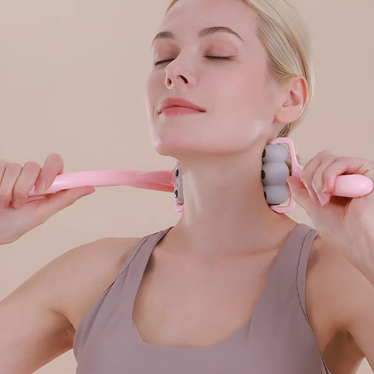 Magnetic therapy neck massager in plastic with twelve magnets, manual clip, blue colour option