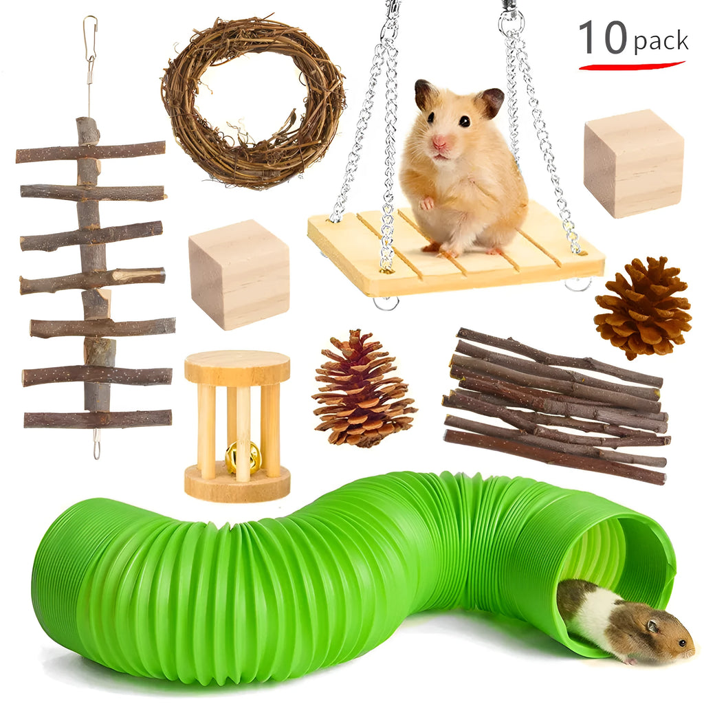 Assortment of natural wooden chew toys for small pets like rabbits and parrots on a white background.