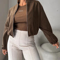Women's off-shoulder short coat with lantern sleeves in brown colour