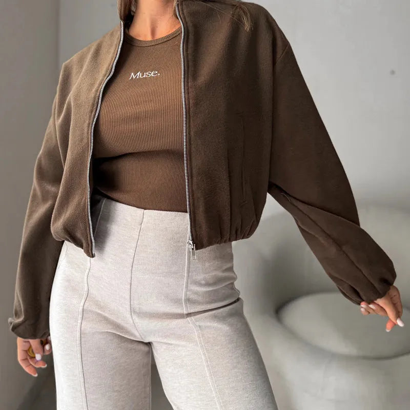 Women's off-shoulder short coat with lantern sleeves in brown colour