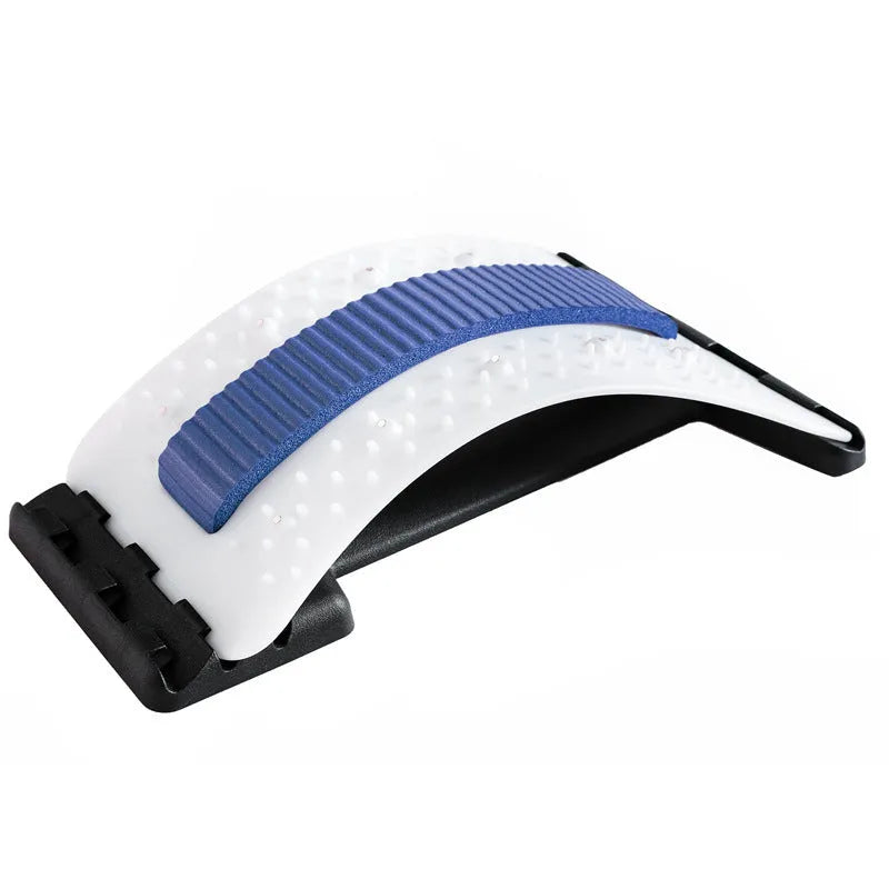 A blue and black adjustable back stretcher with 8 massage heads in a rectangular trapezoid shape for waist and back pain relief.