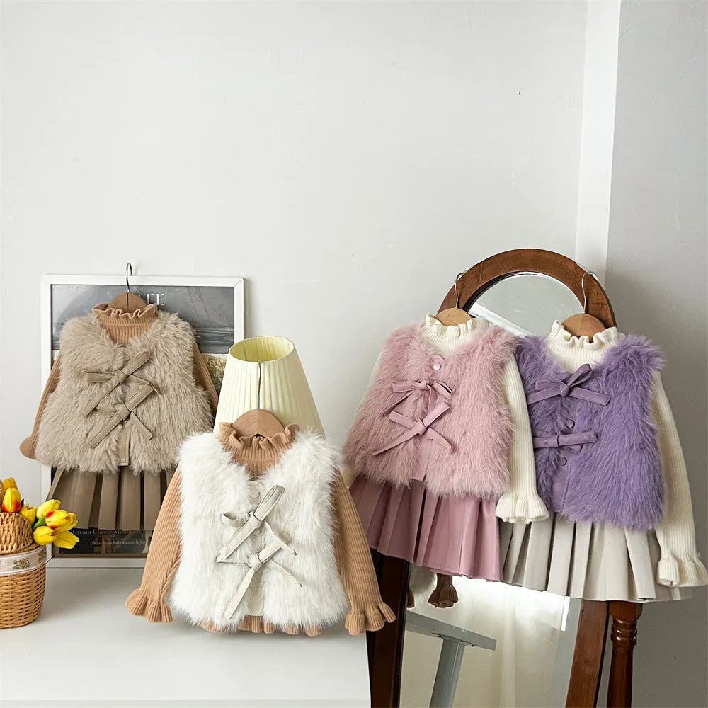 Girls autumn winter fur waistcoat leather skirt suit set in solid colour Korean style for 110cm to 150cm height