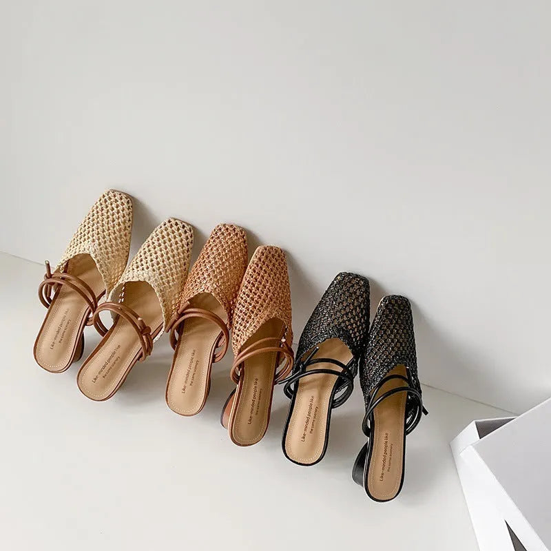 Women's square toe chunky heel slippers in beige, showing hollow-out breathable design and rubber sole.