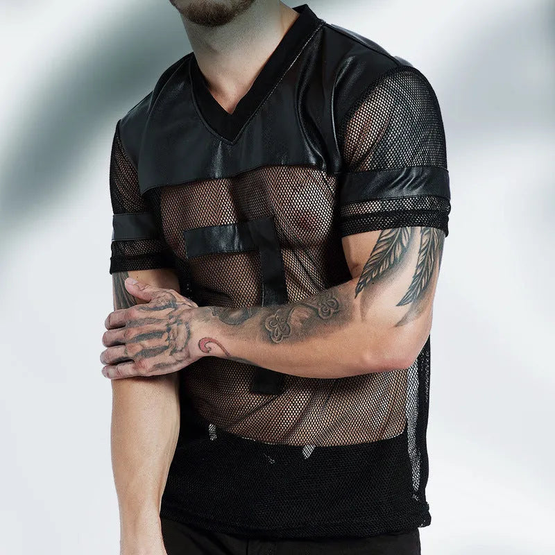 Men's black mesh sports t-shirt with V-neck design and stitching collage craft on short sleeves
