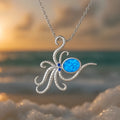 Silver octopus pendant necklace with opal inlay geometric design on box chain