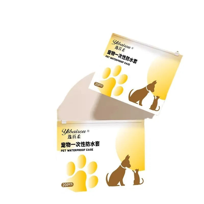 A pack of 20 white disposable waterproof shoe covers for dogs on a non-slip sole, S and M sizes.
