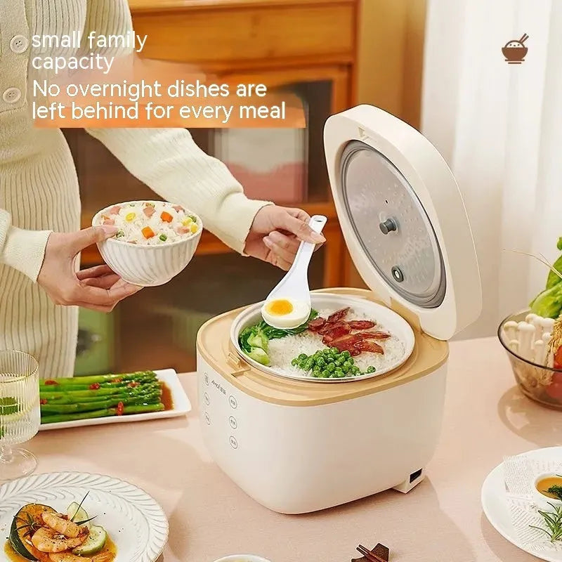 White beige intelligent multi-function rice cooker with black inner pot and accessories
