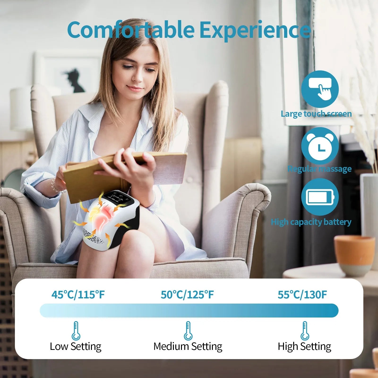 Rechargeable electric knee massager in white or wood colour with USB charging cable