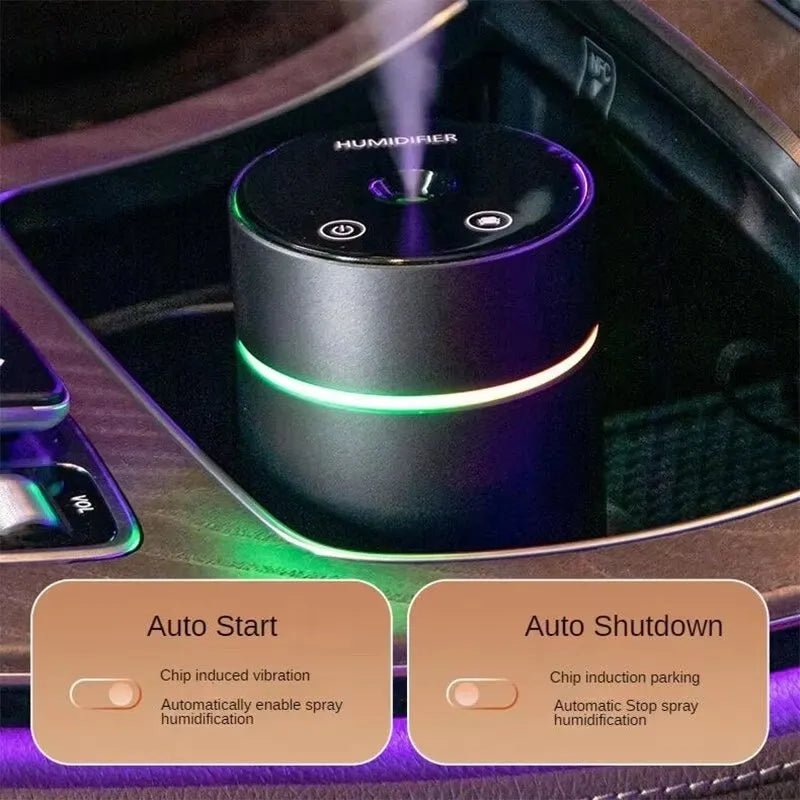 Black aluminium car humidifier with USB cable, 260ml capacity, and colourful night light
