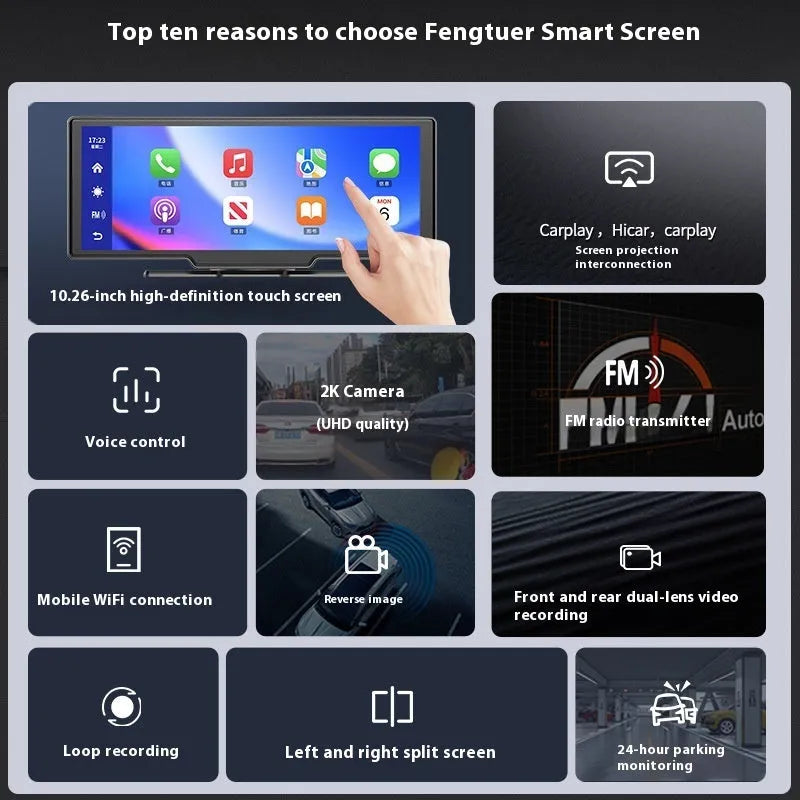 10-inch car smart screen with Apple CarPlay and front/rear driving recorder functionality