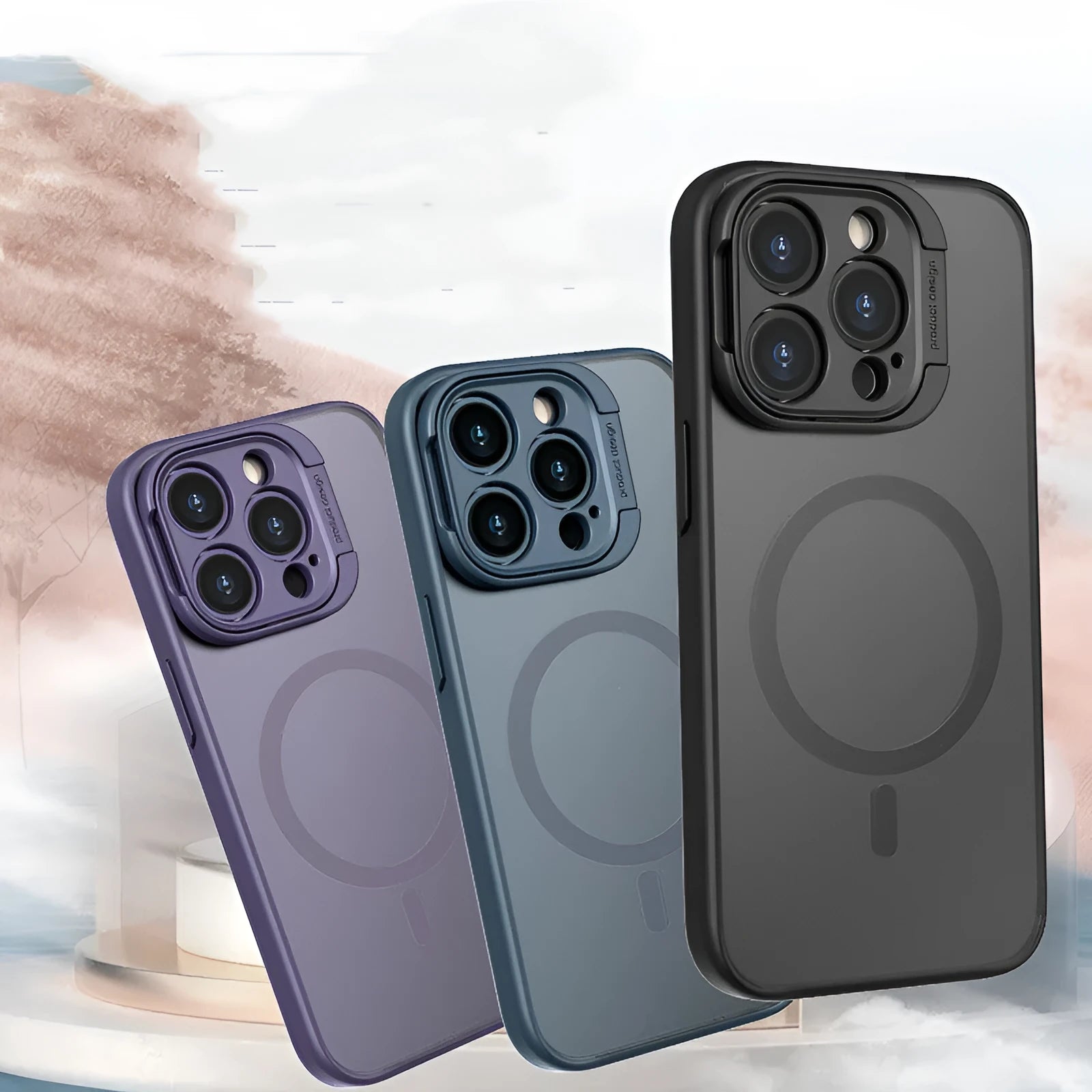 Frosted TPU+PC phone case with invisible bracket and magnetic suction for iPhone 13 14 series, in black colour