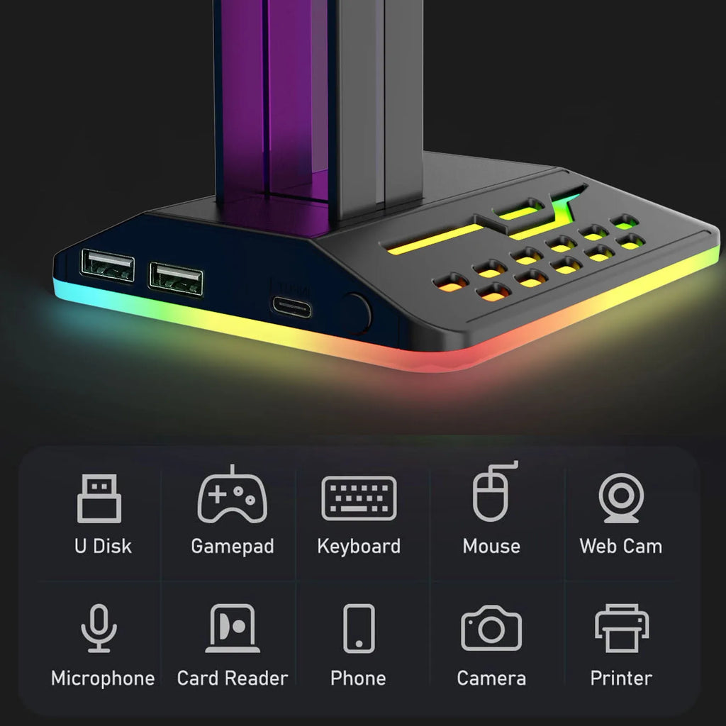 RGB LED headphone display stand with dual USB ports in front, shown in acrylic black finish.