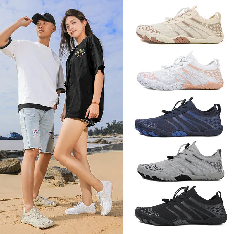 Men's and women's casual lycra beach running shoes in beige, black, blue, grey, and white pink colours