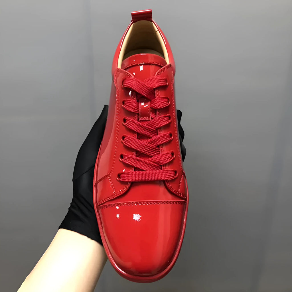White patent leather casual couple shoes with flat heels and breathable design