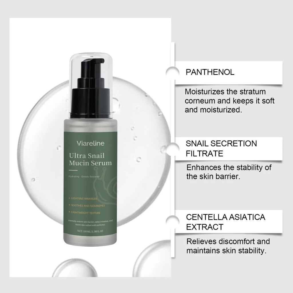 Moisturising liquid facial essence 100ml with snail and centella extract in a white bottle
