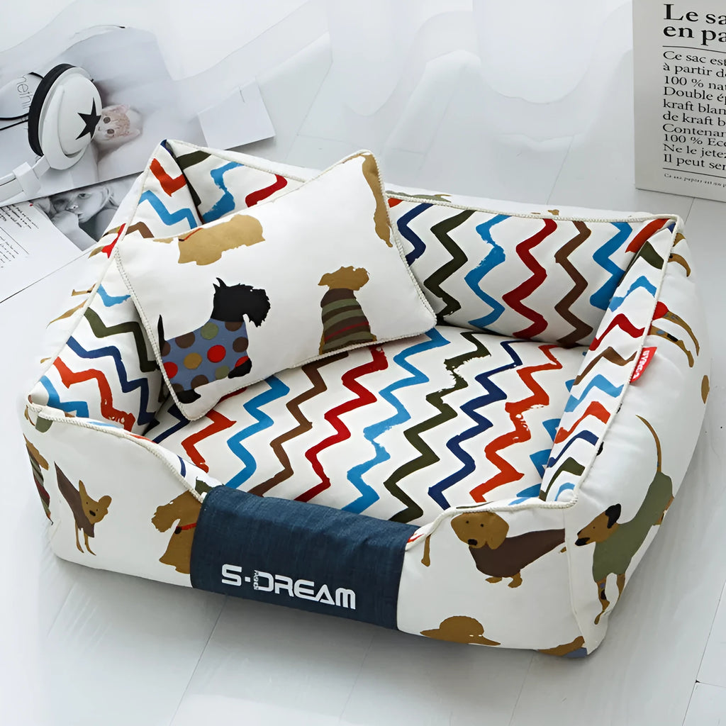 Removable washable dog cat bed pet house in Mi Puppy brown with small pillow, Oxford cloth canvas, size L