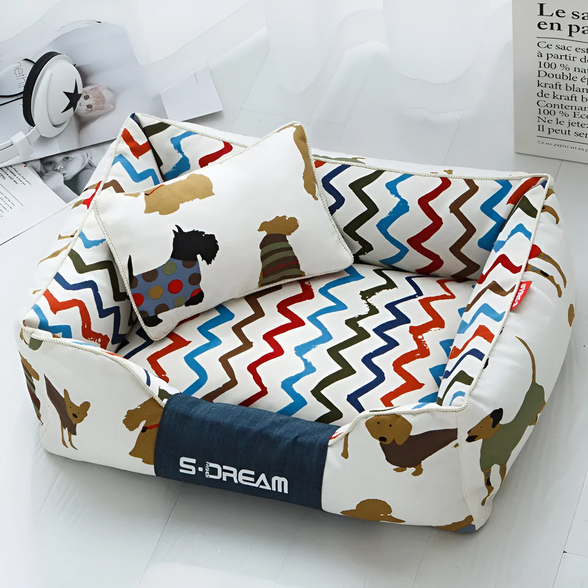 Removable washable dog cat bed pet house in Mi Puppy brown with small pillow, Oxford cloth canvas, size L